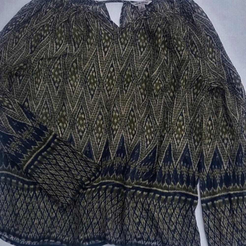 Lucky Brand Bohemian Sheer Silk Long Sleeve V-Neck Front and Back Blouse SZ S